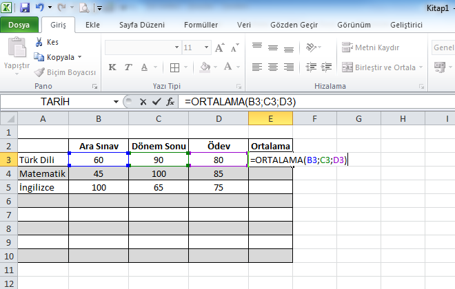 Excel Ortalama Formülü