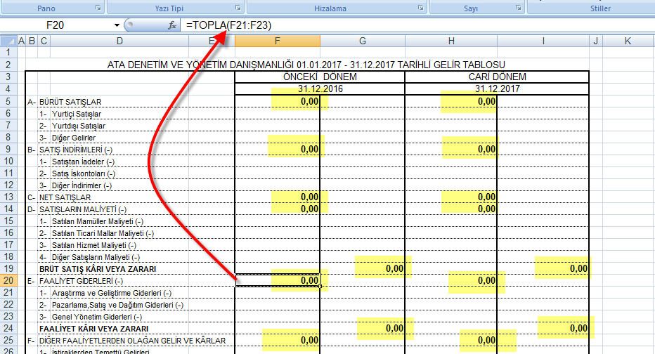 Gelir Tablosu Excel