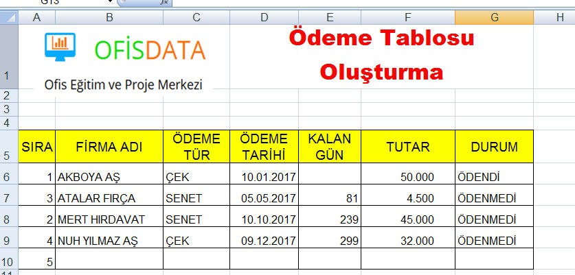 Gelir Tablosu Excel