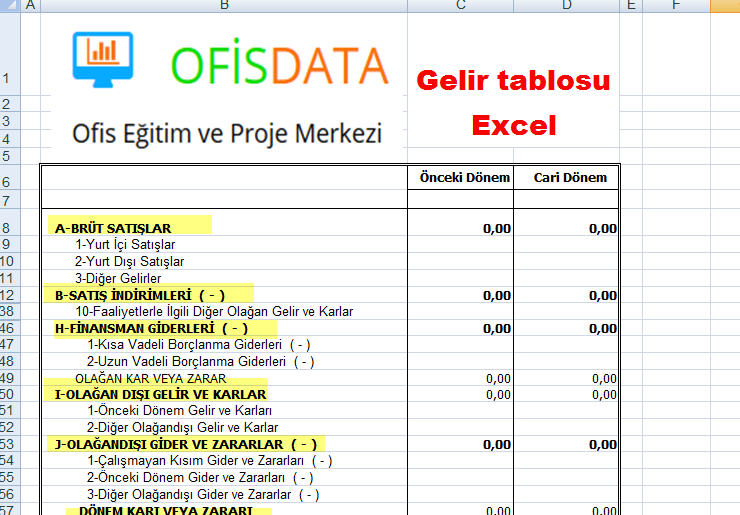 Gelir Tablosu Excel