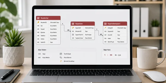 Access üç tablo bir-çok ilişki diyagramı Üç Access tablo Müşteri Sipariş Ürün arasında bir-çok crow-foot ilişki çizgileri diyagramı