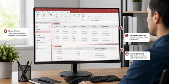 Access tablo tasarım grid üç sütun Üç sütunlu Access tablo tasarım grid Alan Adı Veri Tipi Açıklama altı satırlı şema diyagramı