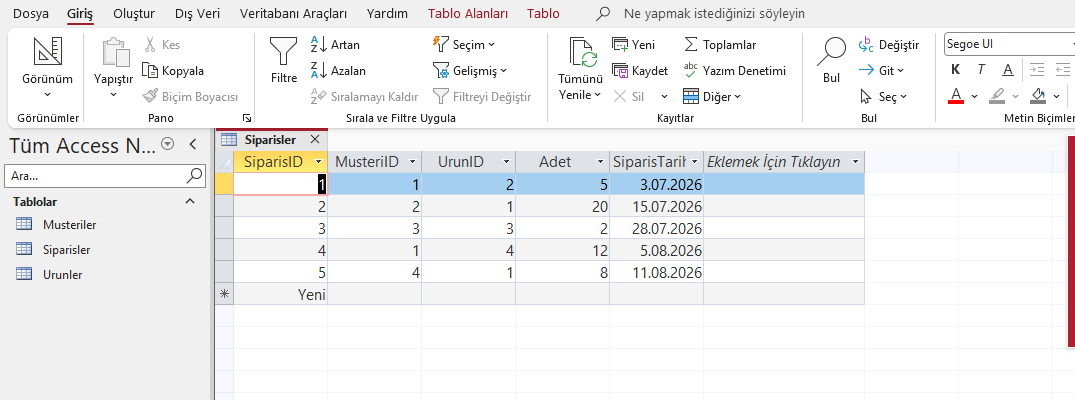 Access veri sayfası görünümünde beş kayıtlı Siparisler tablosu: sipariş, müşteri ve ürün numaraları, adet ve tarih