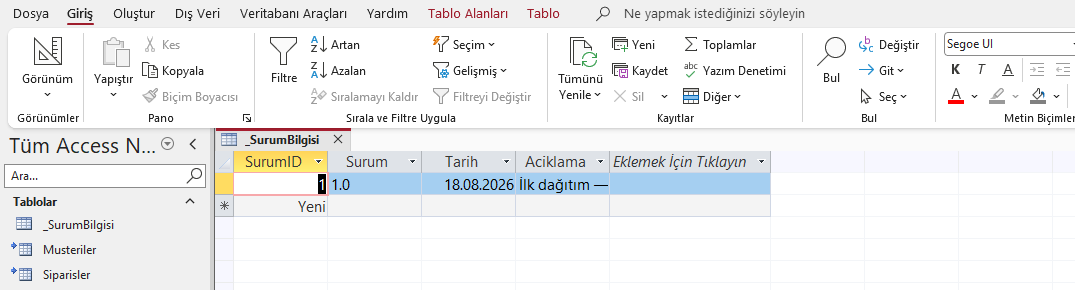 Frontend içindeki sürüm takip tablosu Sürüm bilgisi tablosu: sürüm 1.0 kaydı, yayım tarihi ve değişiklik açıklaması