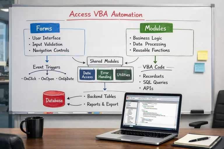 Modüler yapı ile iş kurallarını ayrıştırma Access projesinde modüller, formlar ve iş kurallarının düzenli bir yapıda ayrıştırılması yaklaşımı
