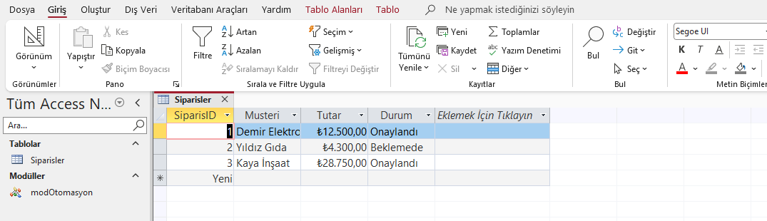 Siparisler tablosunda durum kolonu: onaylanmış ve beklemede sipariş kayıtları bir arada