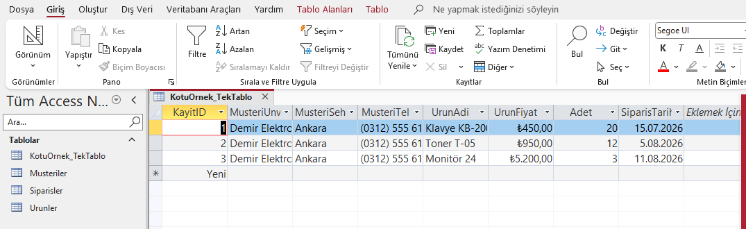 Kötü örnek tek tablo: aynı müşterinin ünvan, şehir ve telefon bilgisi üç sipariş satırında tekrar ediyor