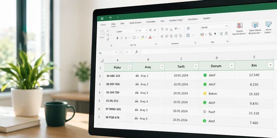 Hareket Kaydı yedi sütunlu Excel tablo zoom kesiti Tarih Plaka Sürücü Baş KM Bit KM Yapılan Görev
