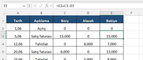 Excel cari hesap devreden bakiye formülü Excel formül barında önceki bakiyeye borç ekleyip alacağı düşen devreden bakiye formülü ve cari hareketler