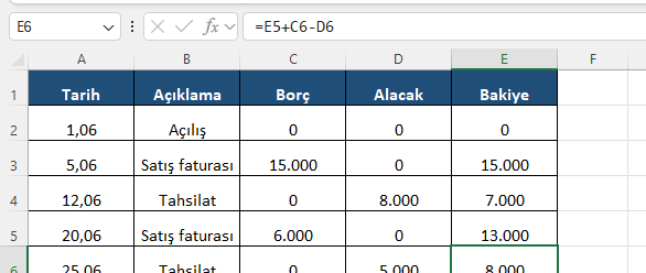 Excel cari hesap güncel bakiye Excel cari hesap tablosunda son hareket sonrası güncel bakiyeyi gösteren tamamlanmış ekstre