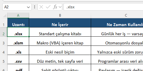 Uzantı tablosu: ne içerir, ne zaman kullanılır Excel'de xlsx, xlsm, xls, csv ve pdf uzantılarının içeriğini ve kullanım yerini listeleyen tablo