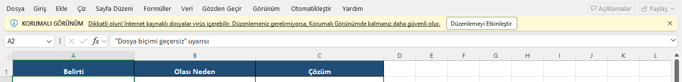 İnternetten inen dosyada Korumalı Görünüm sarı uyarı şeridi ve Düzenlemeyi Etkinleştir düğmesi