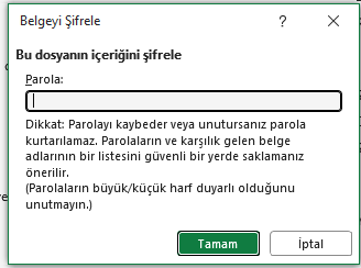 Belgeyi Şifrele: parola girilir, iki kez onaylanır Belgeyi Şifrele penceresi, boş parola alanı ve parola kaybı hakkında uyarı metni