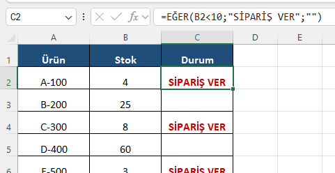 Stok uyarısı için boş sonuç döndüren EĞER formülü Excel formül barında stok 10 adedin altındaysa sipariş ver uyarısı yazan EĞER formülü ve kırmızı sipariş ver etiketleri