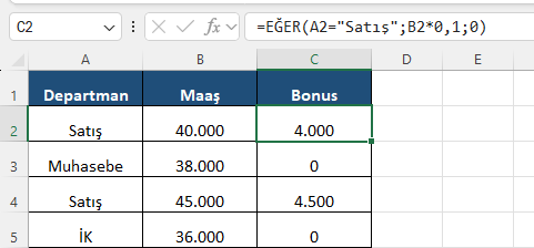 Departmana göre prim hesaplayan metin koşullu EĞER formülü Excel formül barında departmanı Satış olana maaşının yüzde 10 prim hesaplayan EĞER formülü ve prim sütunu