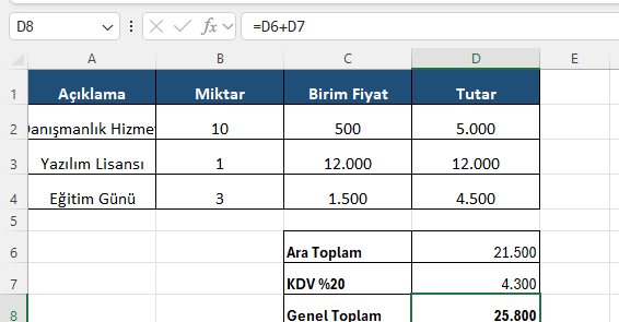 Excel fatura ara toplam KDV genel toplam Excel formül barında ara toplam ve KDV'yi toplayarak genel toplamı bulan fatura ve özet satırları