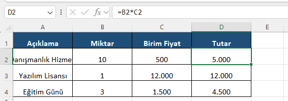 Excel fatura kalem tutarı hesaplama Excel formül barında miktar ile birim fiyatı çarparak kalem tutarını hesaplayan formül ve fatura kalemleri