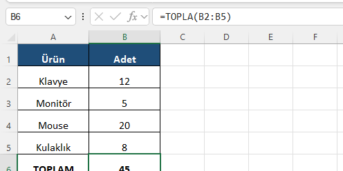 Excel TOPLA fonksiyonu aralık toplama Excel formül barında ürün adetlerini toplayan TOPLA fonksiyonu ve 45 sonucu