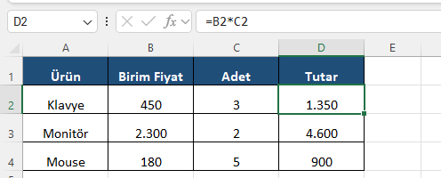 Excel operatörler birim fiyat adet çarpımı Excel formül barında birim fiyat ile adedi çarparak tutarı hesaplayan formül ve sonuç tablosu