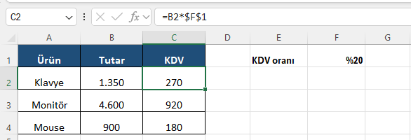 Excel mutlak başvuru dolar işareti sabit hücre Excel formül barında tutarı sabit KDV oranı hücresiyle çarpan mutlak başvurulu formül ve sonuçlar