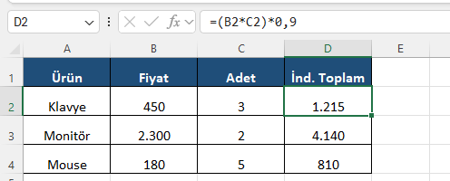 Excel parantez ile işlem önceliği indirimli toplam Excel formül barında fiyat çarpı adedi parantezle gruplayıp yüzde 10 indirim uygulayan formül