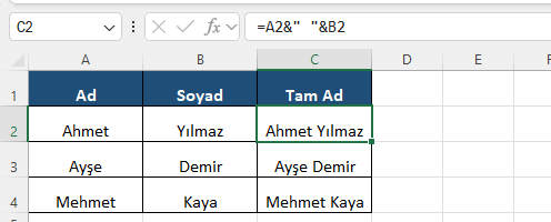 Excel metin birleştirme ve operatörü tam ad Excel formül barında ad ve soyadı boşlukla birleştirerek tam adı oluşturan ve operatörlü formül