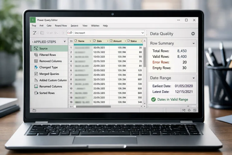 Power Query adımlarında kalite kontrol yaklaşımı Power Query adımlarında anlamlı isimlendirme ve kalite kontrolü; satır sayısı ve tarih aralığı doğrulaması