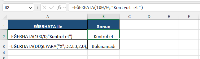 EĞERHATA: hata yerine anlamlı mesaj Excel'de bölme ve DÜŞEYARA formüllerini EĞERHATA ile sarıp hata yerine anlamlı mesaj gösteren çözüm tablosu