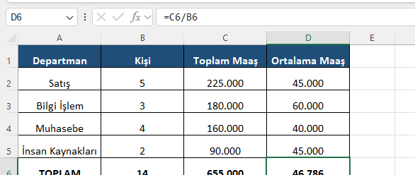 Excel İK raporu genel toplam ve şirket ortalaması Excel İK raporunda toplam kişi sayısı ve genel ortalama maaşı gösteren özet satırı
