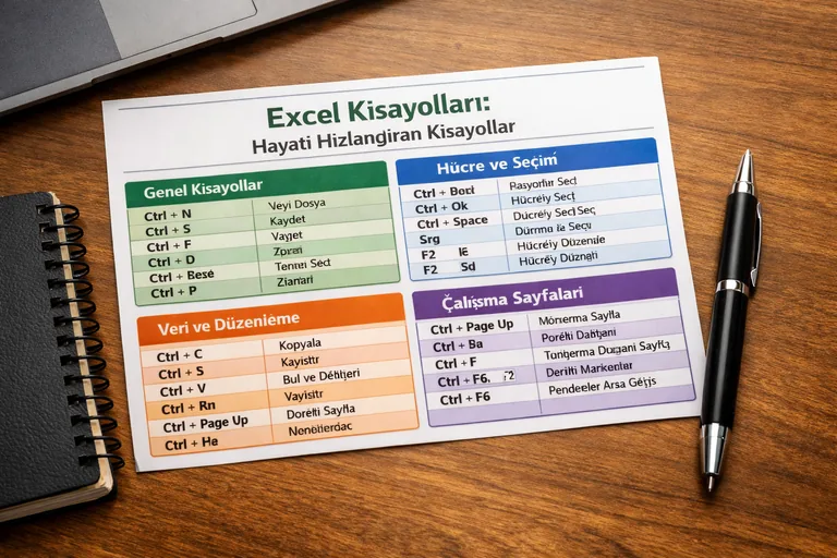 Departmana göre kısayol kartı ve renk kodları Sık kullanılan kısayolların departmanlara göre sınıflandırıldığı masa kartı ve renk kodları