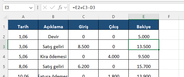 Excel formül barında önceki bakiyeye giriş ekleyip çıkışı düşen devreden bakiye formülü ve kasa hareketleri