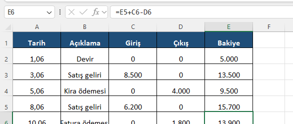 Excel kasa defterinde son hareket sonrası güncel bakiyeyi gösteren tamamlanmış tablo