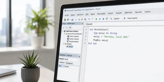 VBA editörü üç panelli düzen şeması Project Explorer sol üst Properties sol alt Code Window sağda