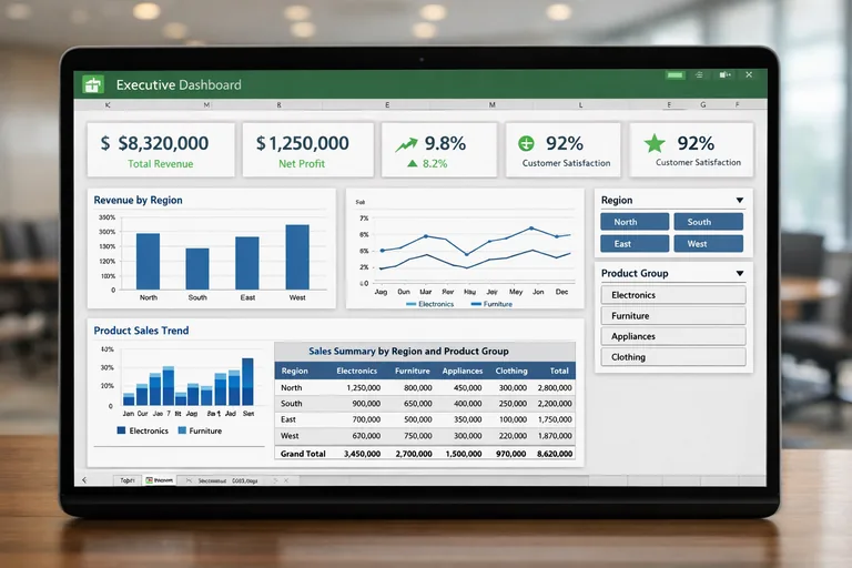 PivotTable ile KPI odaklı yönetici raporu düzeni PivotTable ile bölge ve ürün kırılımında KPI özetini gösteren yönetici raporu yerleşimi