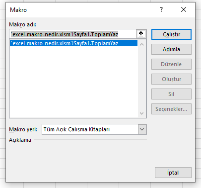 Excel'in Alt F8 ile açılan Makro penceresinde ToplamYaz makrosu ve Çalıştır düğmesi