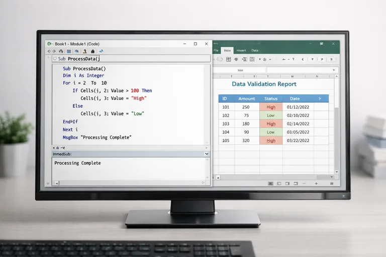 Koşul ve döngülerle veri kontrol senaryosu VBA editöründe koşul yapıları ve döngülerle hazırlanmış veri kontrol senaryosunun uygulama ekranı