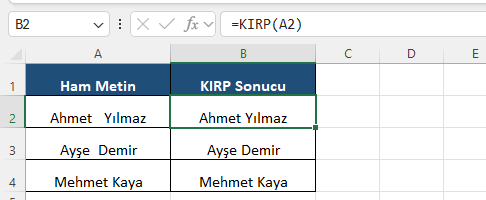 Excel KIRP fazla boşluk temizleme Excel formül barında baştaki sondaki ve aradaki fazla boşlukları temizleyen KIRP fonksiyonu ve sonuç