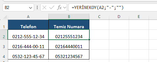 Excel YERİNEKOY karakter değiştirme Excel formül barında telefon numarasındaki tireleri kaldıran YERİNEKOY fonksiyonu ve temiz numaralar