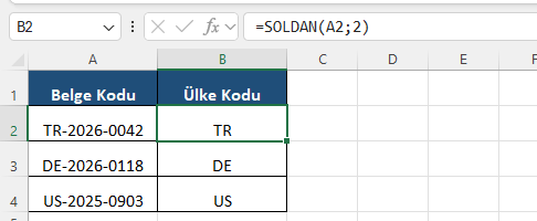 Excel SOLDAN metin parçası alma Excel formül barında belge kodunun ilk iki karakterini alan SOLDAN fonksiyonu ve ülke kodu tablosu