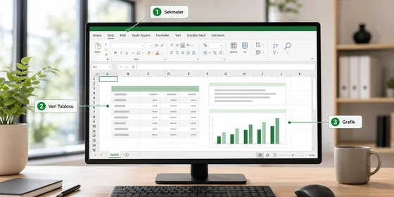 Excel arayüz şeması altı bölge etiketli Şerit Ad Kutusu Formül Çubuğu Çalışma Sayfası Sayfa Sekmeleri Durum Çubuğu numaralı işaretler