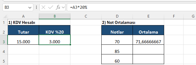 KDV hesabı ve not ortalaması örnekleri Excel'de 15.000 tutarın yüzde 20 KDV hesabı ve üç notun ORTALAMA fonksiyonuyla ortalaması