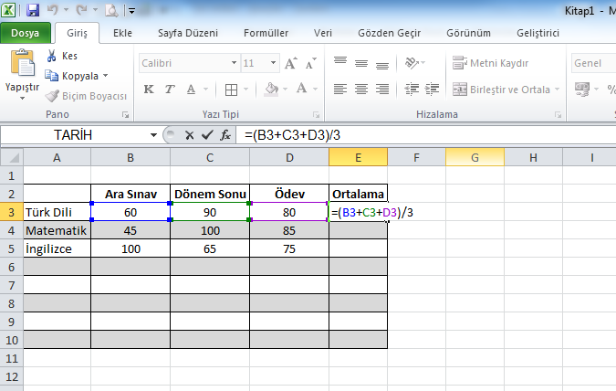 Excel Ortalama Formülü