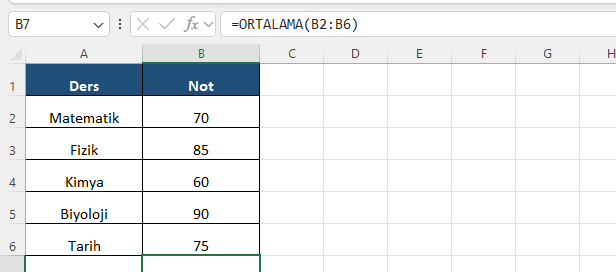 Excel ORTALAMA fonksiyonu temel kullanım Excel formül barında beş dersin notunu ortalayan ORTALAMA fonksiyonu ve 76 sonucu