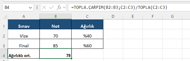Excel ağırlıklı ortalama TOPLA.ÇARPIM formülü Excel formül barında vize ve finali ağırlıklarıyla hesaplayan TOPLA.ÇARPIM tabanlı ağırlıklı ortalama formülü