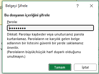Dolu parola alanı: noktaları silip Tamam demek yeter Belgeyi Şifrele penceresinde mevcut parolanın nokta karakterleriyle dolu göründüğü alan