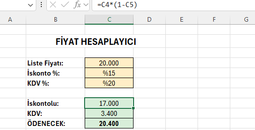 Fiyat hesaplayıcı: girişler mavi, sonuçlar yeşil Excel'de liste fiyatı, iskonto ve KDV girişlerinden iskontolu fiyatı hesaplayan mini uygulama paneli