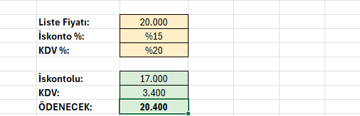 Sonuç bloğu: ödenecek tutar 20.400 Excel formül barında iskontolu tutar ile KDV'yi toplayan formül ve 20.400 ödenecek tutar