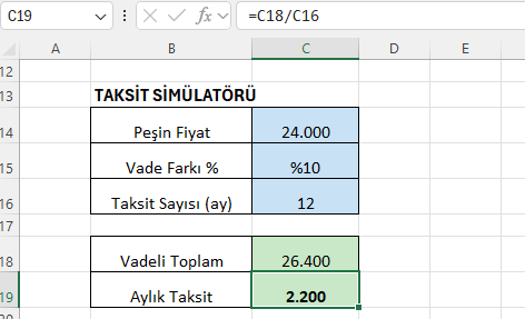 Taksit simülatörü: 24.000 peşin, %10 vade farkı, 2.200 taksit Excel'de peşin fiyat, vade farkı ve taksit sayısından aylık taksidi hesaplayan simülatör paneli