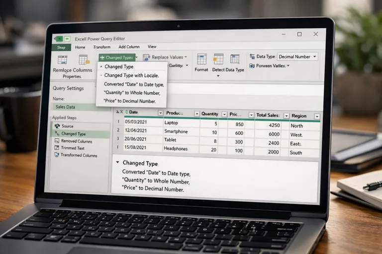 Power Query ile veri hazırlama akışı Power Query adımlarında sütun tipi dönüşümü ve temizlik kurallarıyla rapora hazır veri görünümü