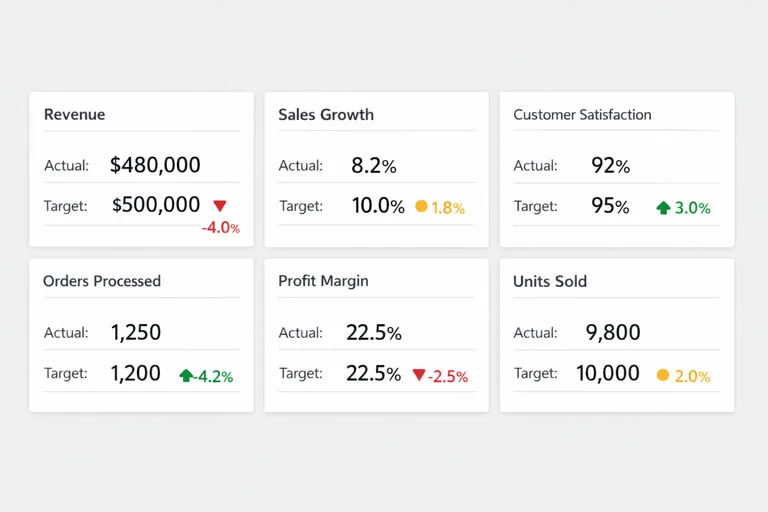 RAG eşikleriyle KPI kart tasarımı KPI kartlarında yeşil sarı kırmızı durumları ve sapma yüzdesiyle hızlı değerlendirme alanı düzeni